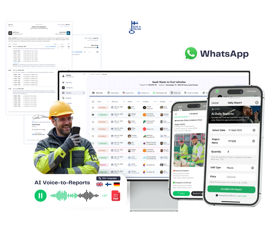Eiffels AI platform — AI-powered daily reports and task tracking inside WhatsApp for construction teams